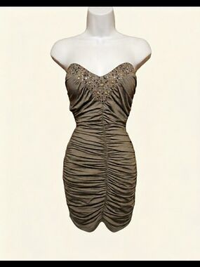 Strapless Olive Ruched Cocktail Dress with Embellished Sweetheart